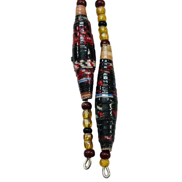 Paper and Seed Bead Earrings Fishhook Pierced 2.5" Drop Dangle - Picture 3 of 5